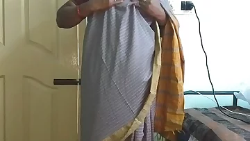 desi  indian tamil telugu kannada malayalam hindi crazy hotwife wifey vanitha dressed in grey colour saree  displaying massive udders and smoothly-shaven muff press rock-hard udders press nipple pawing muff getting off